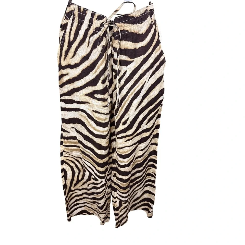 Lauren Ralph Lauren NWT SZ2P Zebra Print Wide Leg Pant Drawstring Bone chocolate - Picture 5 of 14
